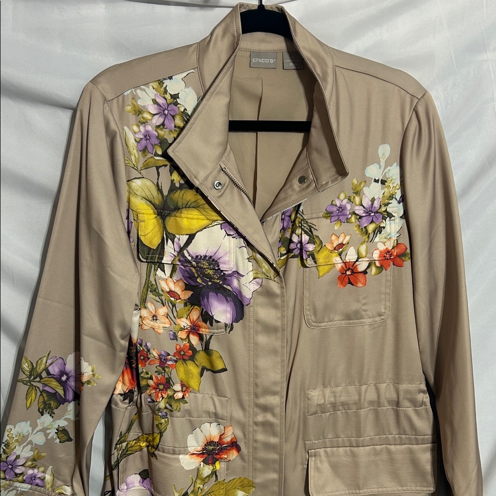 Chico's Floral Beige satin military inspired jacket